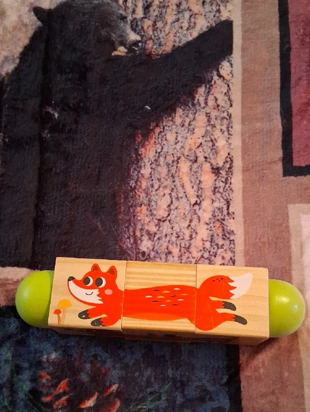 Wooden Cat Puzzle Roll Toy - Orange Cat with Green Ends